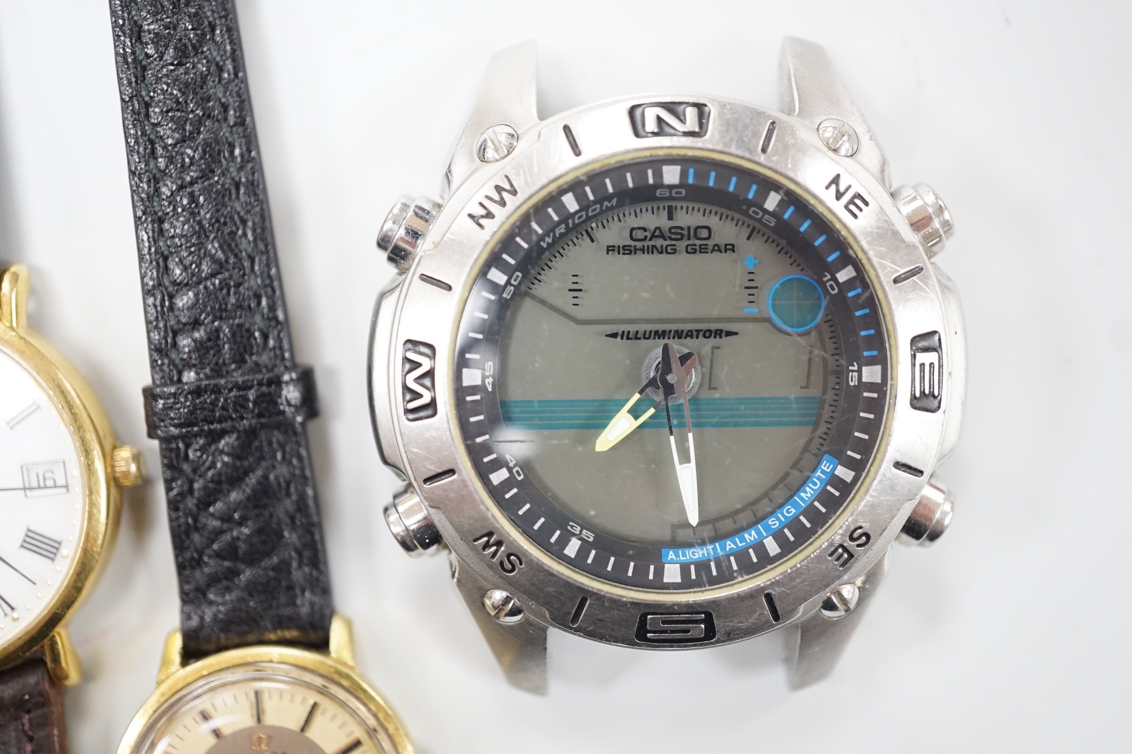 Five assorted wrist watches including lady's gold plated Omega De Ville, with box, a lady's and gentleman's steel and gold plated Rado, Raymond Weil and Casio digital.